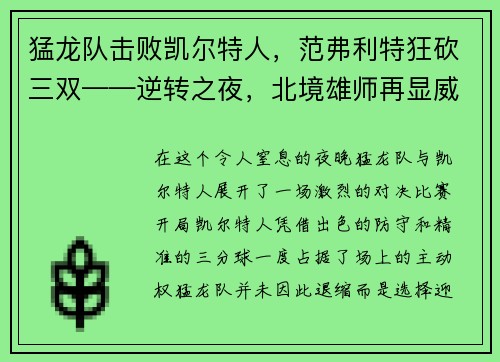 猛龙队击败凯尔特人，范弗利特狂砍三双——逆转之夜，北境雄师再显威
